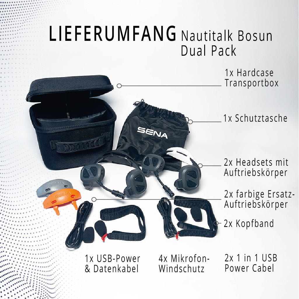Lieferumfang des SENA Nautitalk Bosun Headsets – ideal für Crew-Kommunikation an Bord. Enthält Zubehör für sicheres und komfortables Segeln auf Yachten