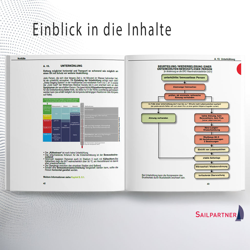 Doppelseite aus ‚Medizin auf See‘ mit Anleitungen zur Beurteilung und Behandlung von Unterkühlung sowie zum richtigen Umgang mit bewusstlosen Personen an Bord.