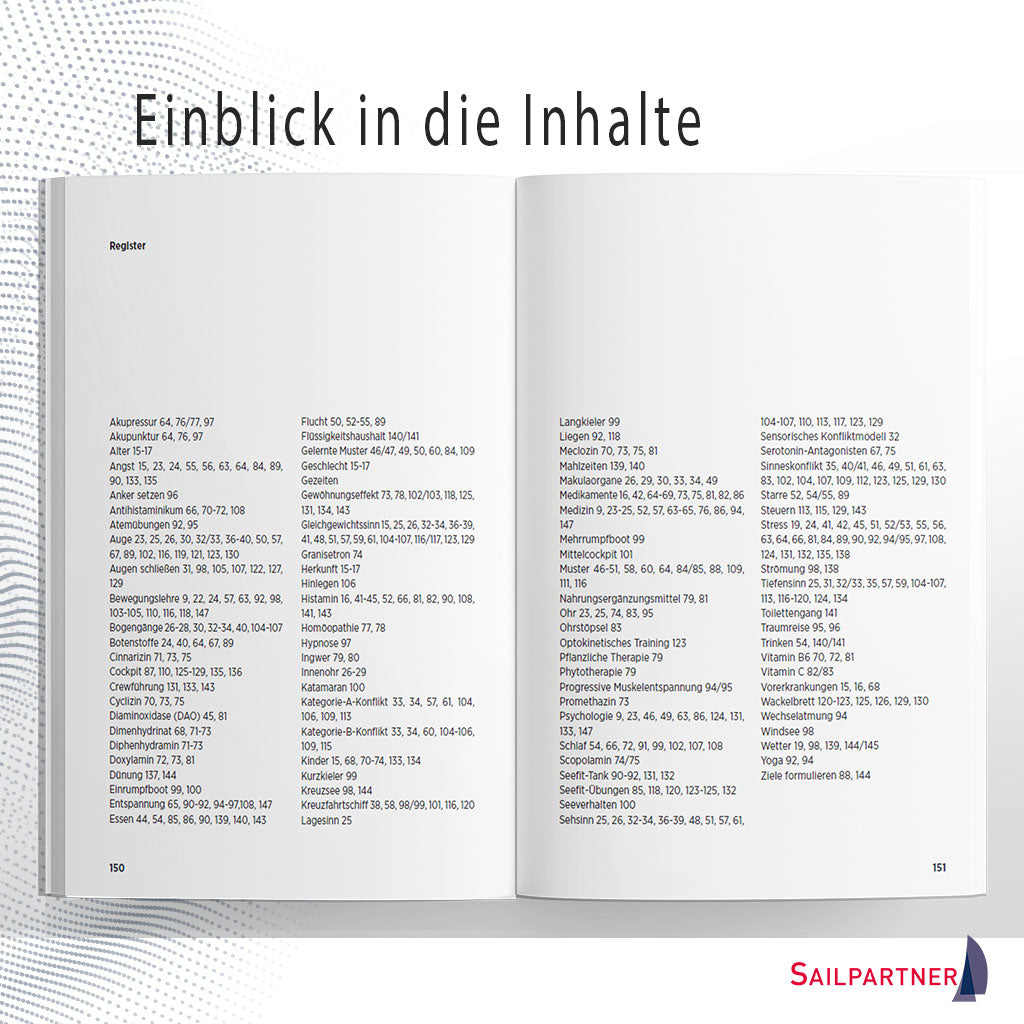 Inhaltsverzeichnis von „seefit statt seekrank“: Sönke Roever und Dr. Stefanie Kamke, bekannt von blauwasser.de, listen alle Themen rund um Seekrankheit auf.