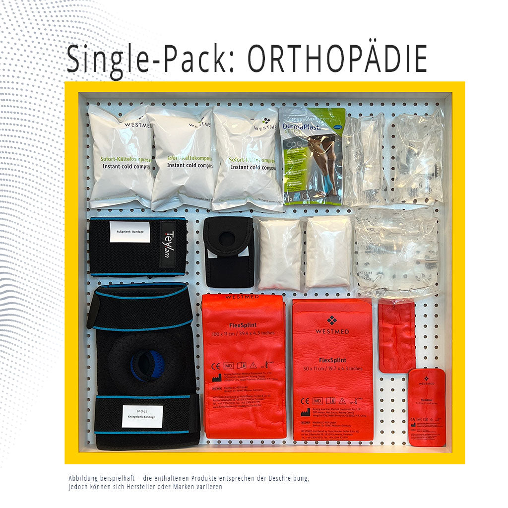 Single Pack Orthopädie – Erste-Hilfe-Set aus der TransOcean Tasche mit Splint-Schienen, Bandagen & Kühlkompressen für Verletzungen an Bord.