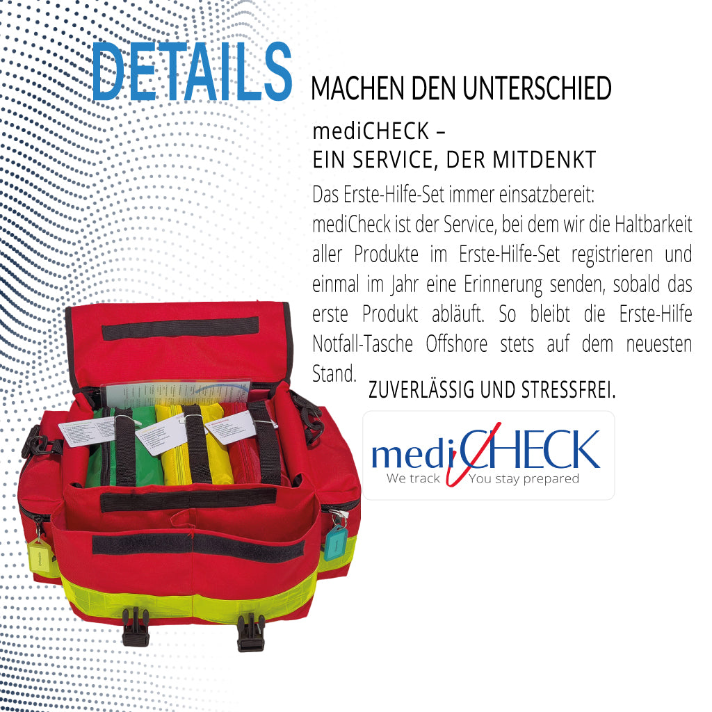mediCheck Service – Erinnerung für die Erste-Hilfe-Notfall-Tasche Offshore an Bord einer Yacht. Automatische Benachrichtigung, wenn Produkte ablaufen. Sicherheit und Aktualität für Notfallausrüstung, Medizin auf See und Medizin an Bord.