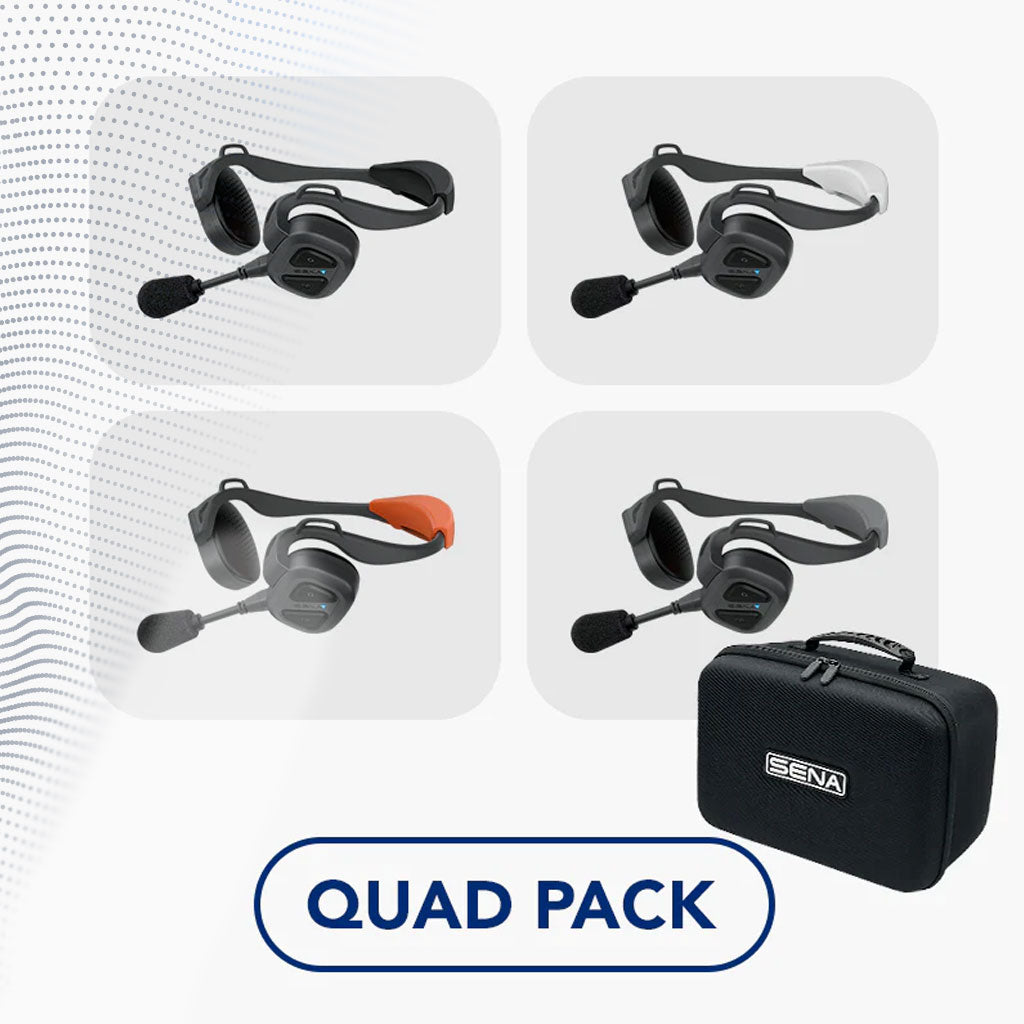 SENA Marine Nautitalk Bosun Quad-Pack mit Standard-Aufbewahrungsbox, schwimmfähige Headsets mit farbigen Markierungen für einfache Unterscheidung und klare Kommunikation.