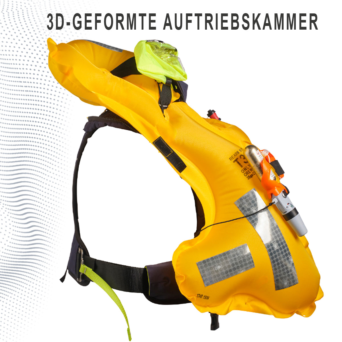 3D-geformte Auftriebskammer der Crewsaver Ergofit Rettungsweste für stabile Wasserlage und Drehung in Rückenlage