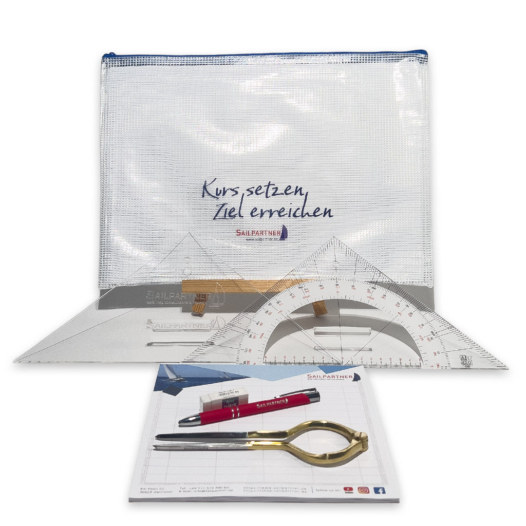 Navigationsbesteck-Set mit Einhandzirkel, großen Dreiecken und Zubehör in PVC-Tasche – ideal für Ausbildung, Skipper und Chartersegler.