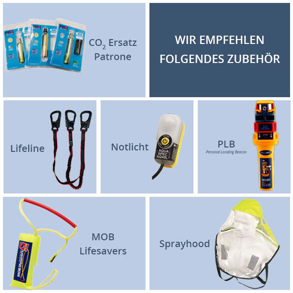 Empfohlenes Zubehör für Rettungsweste: CO2 Ersatz-Patrone, Lifeline, Notlicht, PLB, MOB Lifesaver und Sprayhood für zusätzliche Sicherheit und Sichtbarkeit