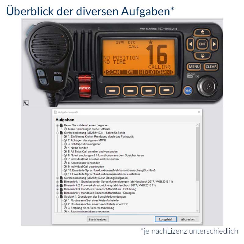 LRC, SRC, UBI, Lernsoftware, Short Range Certificate, Binnenfunkzeugnis, DSV, Deutscher Segler Verband,Prüfung, Vorbereitung, Theorie, Praxis, M423, M323, M505, M503, DS100, M330, UKW, Funksimulation, Inmarsat C, Capsat, HC4500, HC4500B