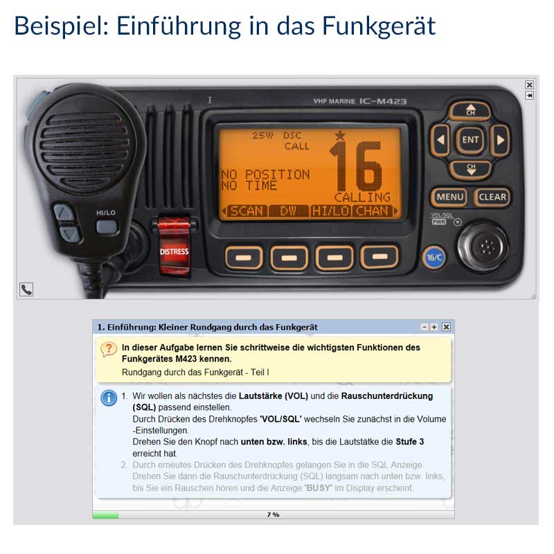 LRC, SRC, UBI, Lernsoftware, Short Range Certificate, Binnenfunkzeugnis, DSV, Deutscher Segler Verband,Prüfung, Vorbereitung, Theorie, Praxis, M423, M323, M505, M503, DS100, M330, UKW, Funksimulation, Inmarsat C, Capsat, HC4500, HC4500B