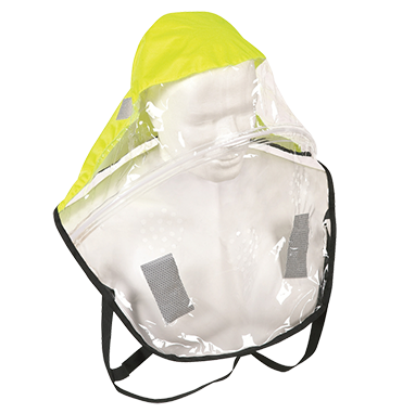 Eine Sprayschutzhaube, nachrüstbar für Automatik-Rettungswesten, schützt vor Ertrinken durch Gischt und fliegendes Wasser. Sie reduziert außerdem die Wärmeabgabe über den Kopf und ist eine wichtige Sicherheitsausrüstungsergänzung für Rettungswesten