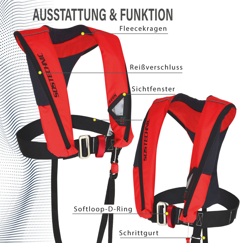 Detailansicht der vielseitigen AERO Rettungsweste in den Auftriebsklassen 160N, 220N und 200N. Integrierter Lifebelt mit Soft-D-Ring und Sorgleine bietet Schutz gegen Überbordgehen. Nackenfleece für höchsten Tragekomfort. Signalfarbener Auftriebskörper und Auslöseautomatik sicher in der Schutzhülle verwahrt. Quickburst-Reißverschluss und dezente Reflexstreifen für Sicherheit. Inspektionsfenster für einfache Kontrolle der Automatik. Integrierter Schrittgurt.