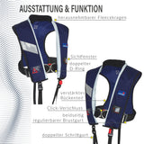 Rettungsweste mit herausnehmbarem Fleecekragen, Sichtfenster, doppeltem D-Ring, verstärktem Rückenteil, Click-Verschluss, beidseitig regulierbarem Brustgurt und doppeltem Schrittgurt für maximale Sicherheit und Komfort.