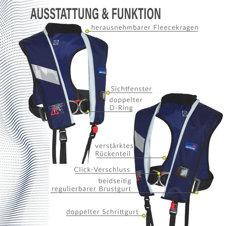Rettungsweste mit herausnehmbarem Fleecekragen, Sichtfenster, doppeltem D-Ring, verstärktem Rückenteil, Click-Verschluss, beidseitig regulierbarem Brustgurt und doppeltem Schrittgurt für maximale Sicherheit und Komfort.