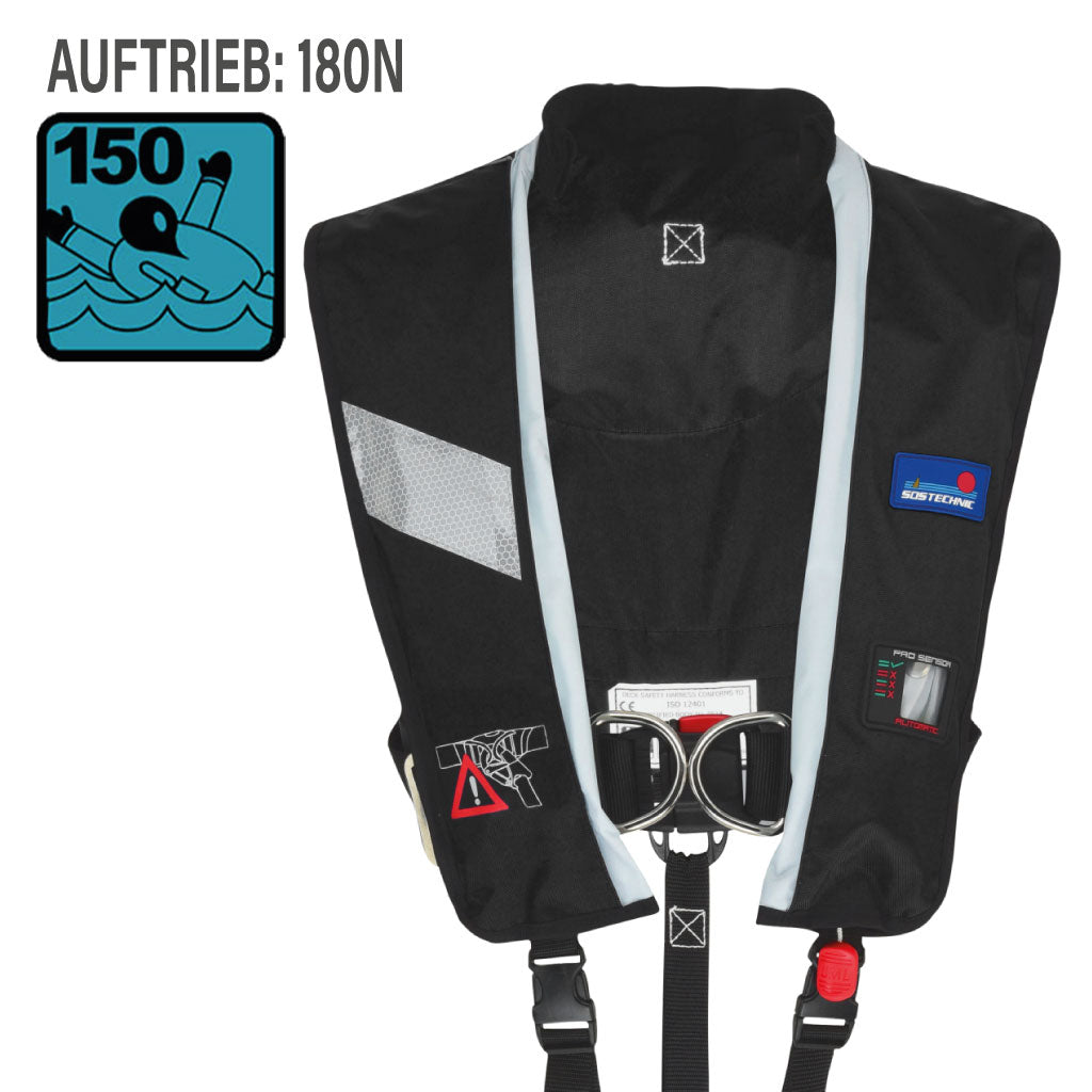 Vollautomatische Rettungsweste mit 180N Auftrieb, bietet ca. 20% mehr Sicherheit als 150N-Norm. Leichter Verschluss und Einstellschnallen für einfaches Anlegen. Lifebelt mit 2 D-Ringen, Nackenfleece, Reflexstreifen, doppelter Schrittgurt, Sichtfenster und PRO SENSOR ELITE Automatik.