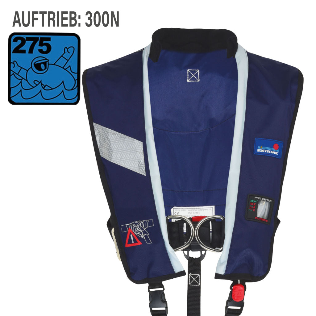 Vollautomatische Rettungsweste California Professional mit 300N Auftrieb. Einfaches Anlegen dank leichtem Verschluss und Einstellschnallen. Integrierter Lifebelt mit 2 D-Ringen, Nackenfleece, Reflexstreifen, doppelter Schrittgurt, Sichtfenster und PRO SENSOR ELITE Automatik.