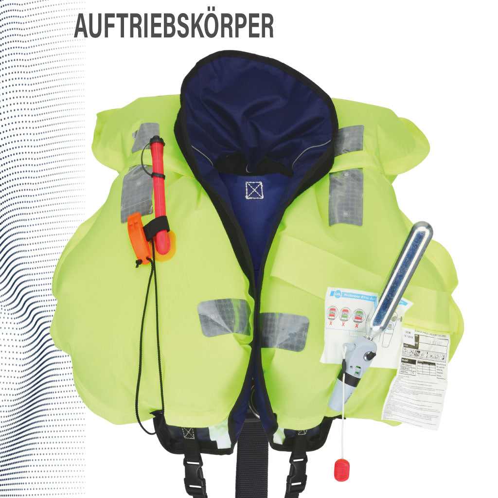 Auftriebskörper der Rettungsweste California Professional: Signalfarbe, sicher in Schutzhülle verwahrt, PRO SENSOR ELITE Automatik mit Rot/Grün-Indikatoren, großer Reflexstreifen für Sichtbarkeit, doppelter Schrittgurt, verstärktes Rückenteil 