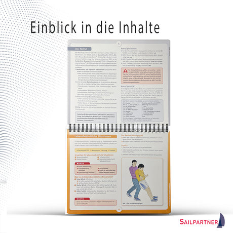 Übersicht aus ‚Erste Hilfe an Bord – Medizintafeln‘: Wichtige Notrufnummern und Anleitungen zu lebensbedrohlichen Situationen wie Herzinfarkt oder Schlaganfall