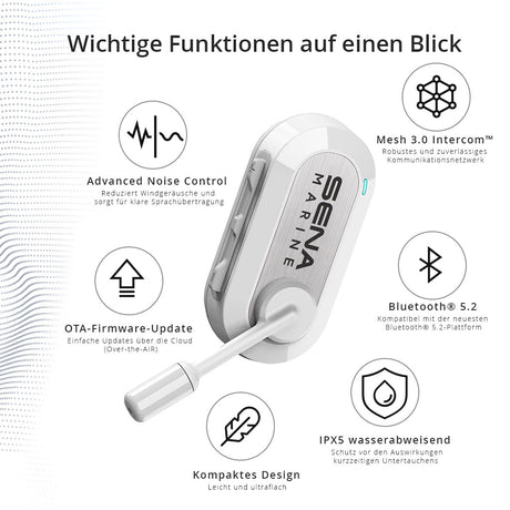 SENA Nautitalk Crew Headset mit Mesh 3.0 Intercom™, Bluetooth® 5.2, IPX5-Wasserabweisung, Geräuschunterdrückung, Windfilter, OTA-Firmware-Updates und Clip-Befestigung.