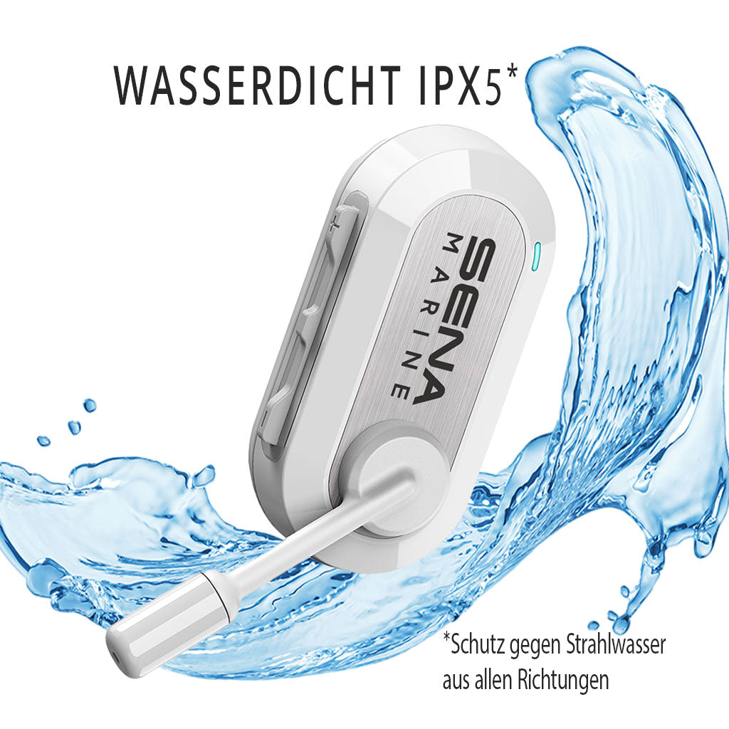 SENA Nautitalk Crew Headset mit IPX5-Wasserabweisung – geschützt vor Spritzwasser und Regen, ideal für den Einsatz auf Segelyachten und Motorbooten.