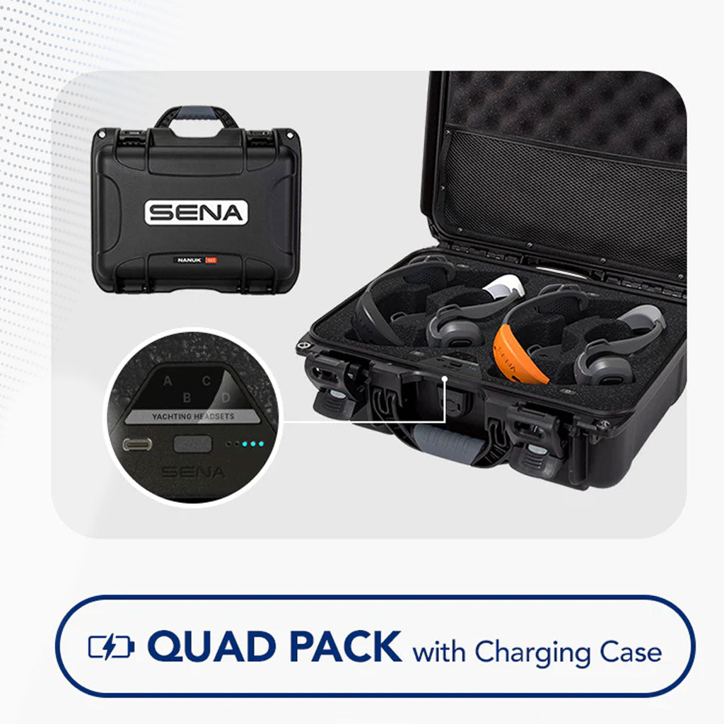 SENA Marine Nautitalk Bosun Quad-Pack Headset-Set in stabiler Hardcover-Box mit USB-C-Ladebuchsen und Ladeanzeige für klare Kommunikation an Bord.