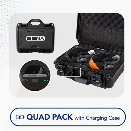SENA Marine Nautitalk Bosun Quad-Pack Headset-Set in stabiler Hardcover-Box mit USB-C-Ladebuchsen und Ladeanzeige für klare Kommunikation an Bord.