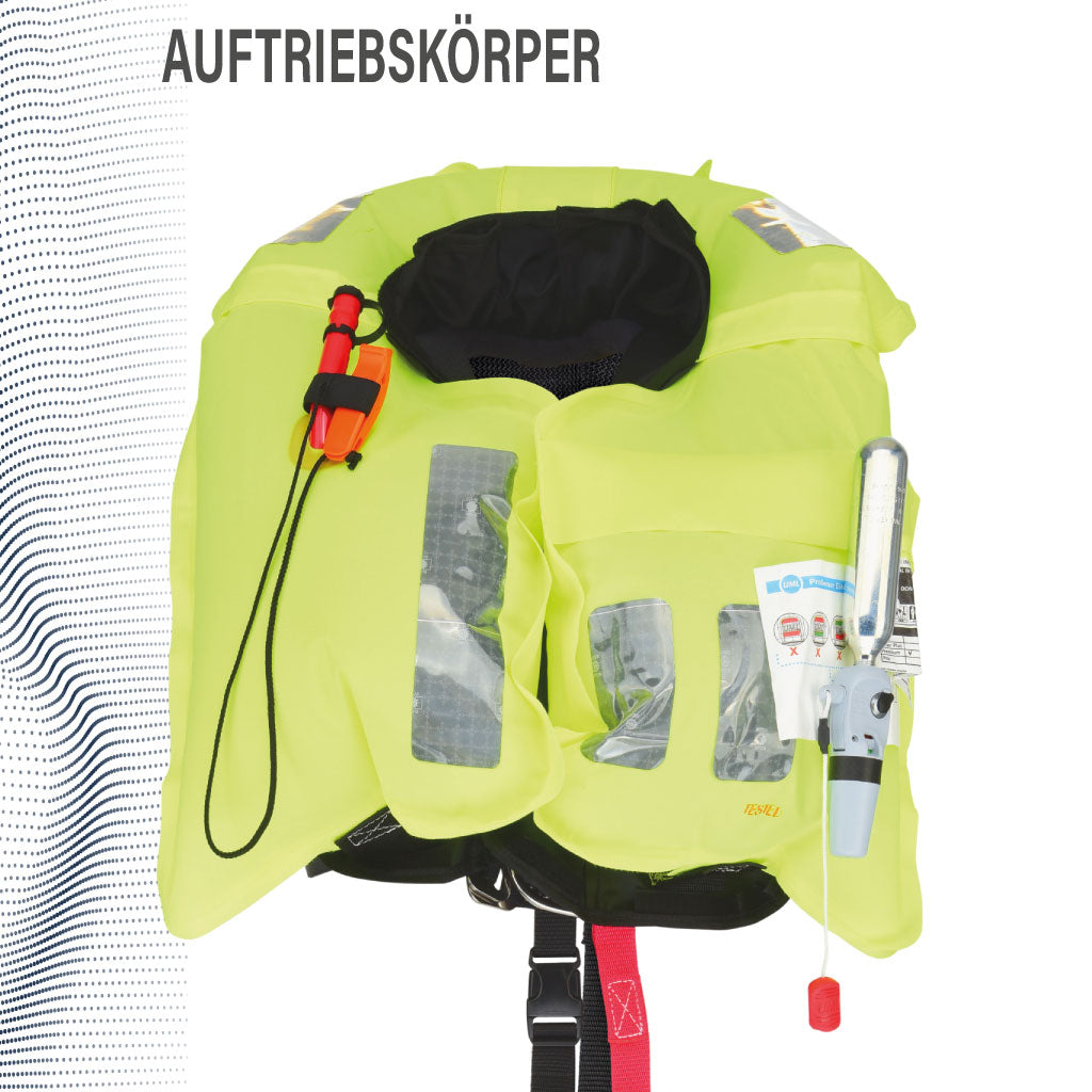 Vollautomatische Rettungsweste Sport 220 mit integriertem Lifebelt und Auftreibskörper mit Auslösemechanik und Zubehör, maximaler Auftrieb 220 N gemäß ISO-Norm 12402. Leicht, kompakt und unauffällig für höchste Sicherheit bei Wassersportaktivitäten