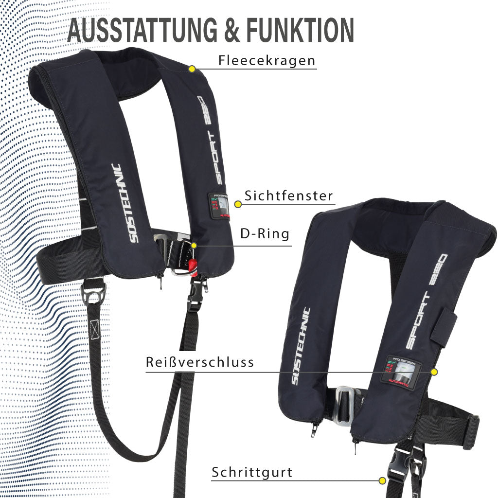 Vollautomatische Rettungsweste Sport 220 mit integriertem Lifebelt, maximaler Auftrieb 220 N gemäß ISO-Norm 12402. Leicht, kompakt und unauffällig für höchste Sicherheit bei Wassersportaktivitäten