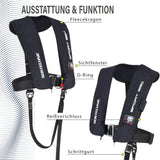 Vollautomatische Rettungsweste Sport 220 mit integriertem Lifebelt, maximaler Auftrieb 220 N gemäß ISO-Norm 12402. Leicht, kompakt und unauffällig für höchste Sicherheit bei Wassersportaktivitäten