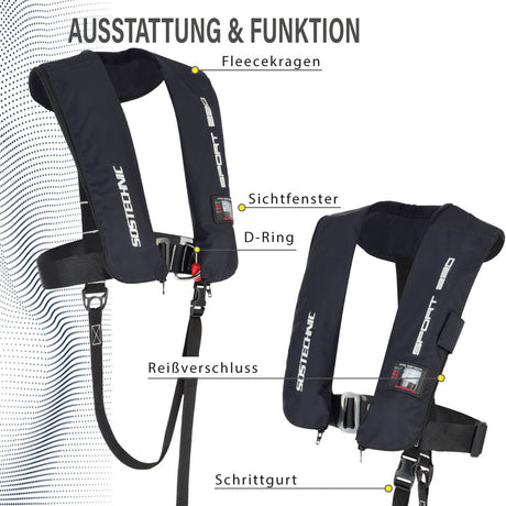Vollautomatische Rettungsweste Sport 220 mit integriertem Lifebelt, maximaler Auftrieb 220 N gemäß ISO-Norm 12402. Leicht, kompakt und unauffällig für höchste Sicherheit bei Wassersportaktivitäten