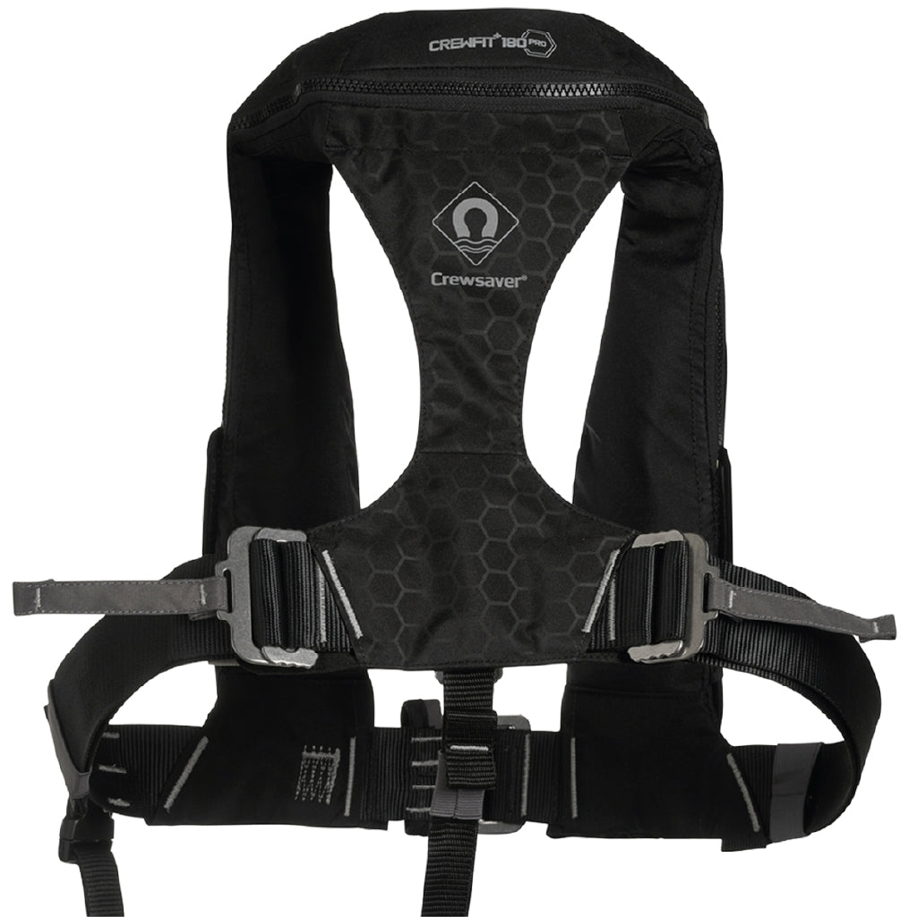 Rückseite der Crewsaver Crewfit+ 180 Pro mit doppelter Front-Taillenverstellung und Schrittgurt