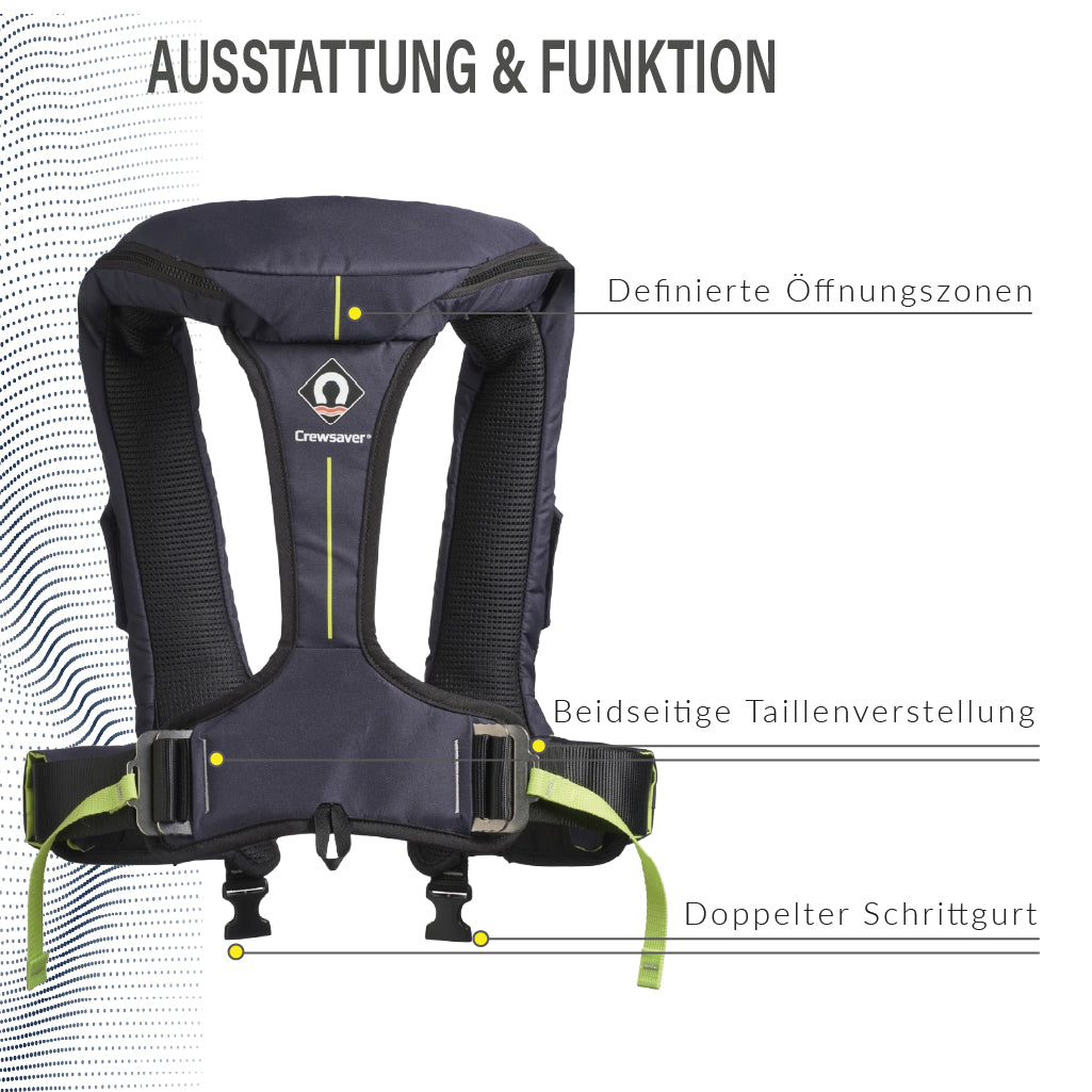 Rückseite der Crewsaver Ergofit 190 Rettungsweste mit Taillenverstellung und doppeltem Schrittgurt