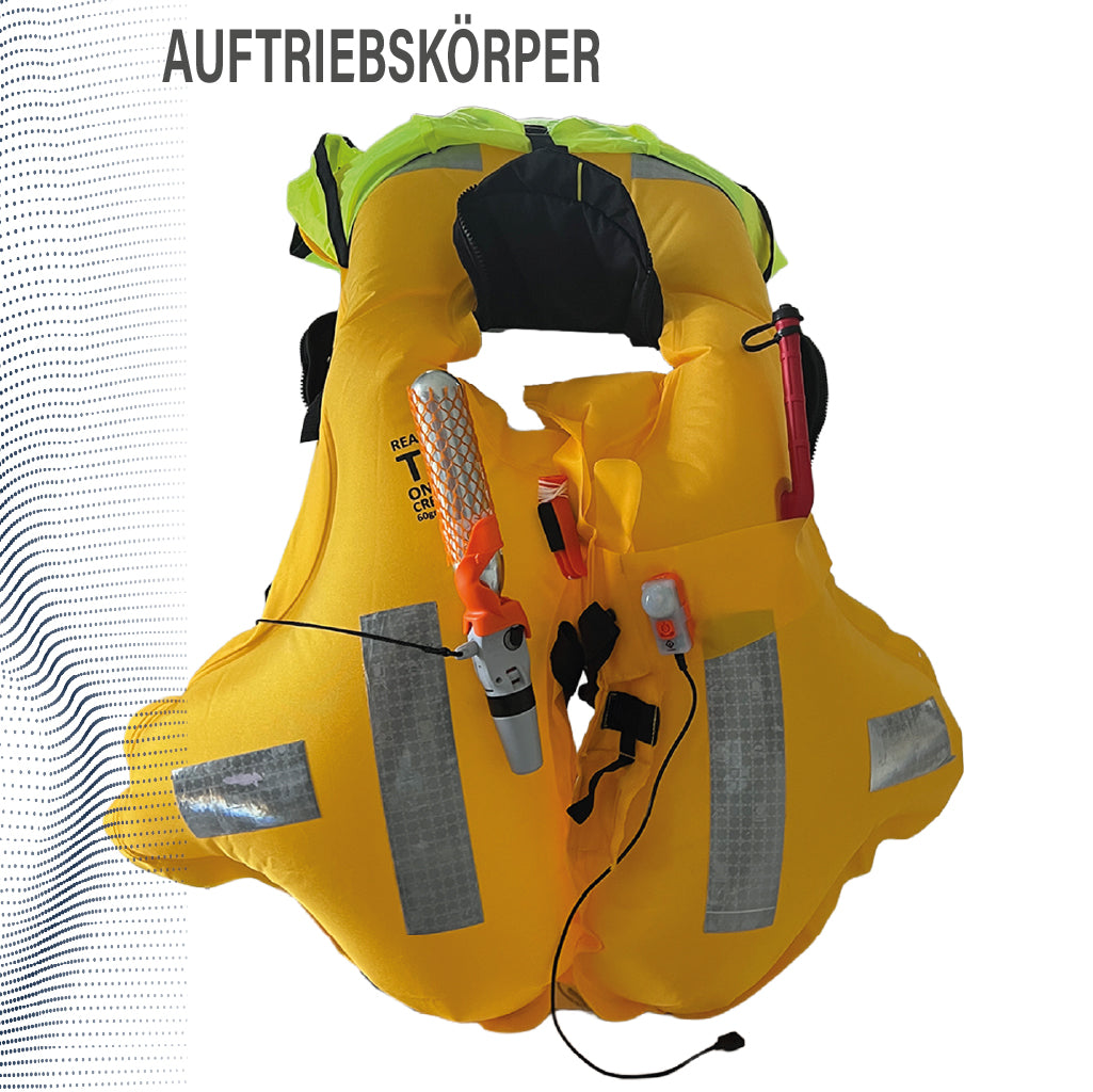 Ausgelöster Auftriebskörper der Crewsaver Ergofit 290 Rettungsweste mit hoher Sichtbarkeit und 290N Auftrieb