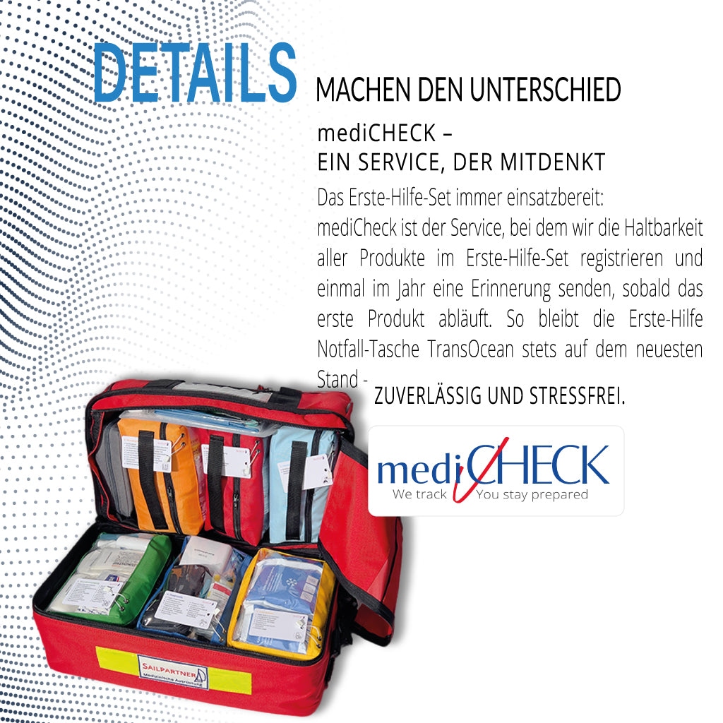 mediCheck Service – Erinnerung für Erste-Hilfe-Sets an Bord einer Yacht. Automatische Benachrichtigung, wenn Produkte in der TransOcean- oder Offshore-Tasche ablaufen. Sicherheit und Aktualität für Notfallausrüstung, Medizin auf See und Medizin an Bord.