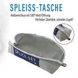 Offene Segeltuchtasche mit Detail am Reißverschluss, gefertigt aus recyceltem Segeltuch für Spleißwerkzeug.