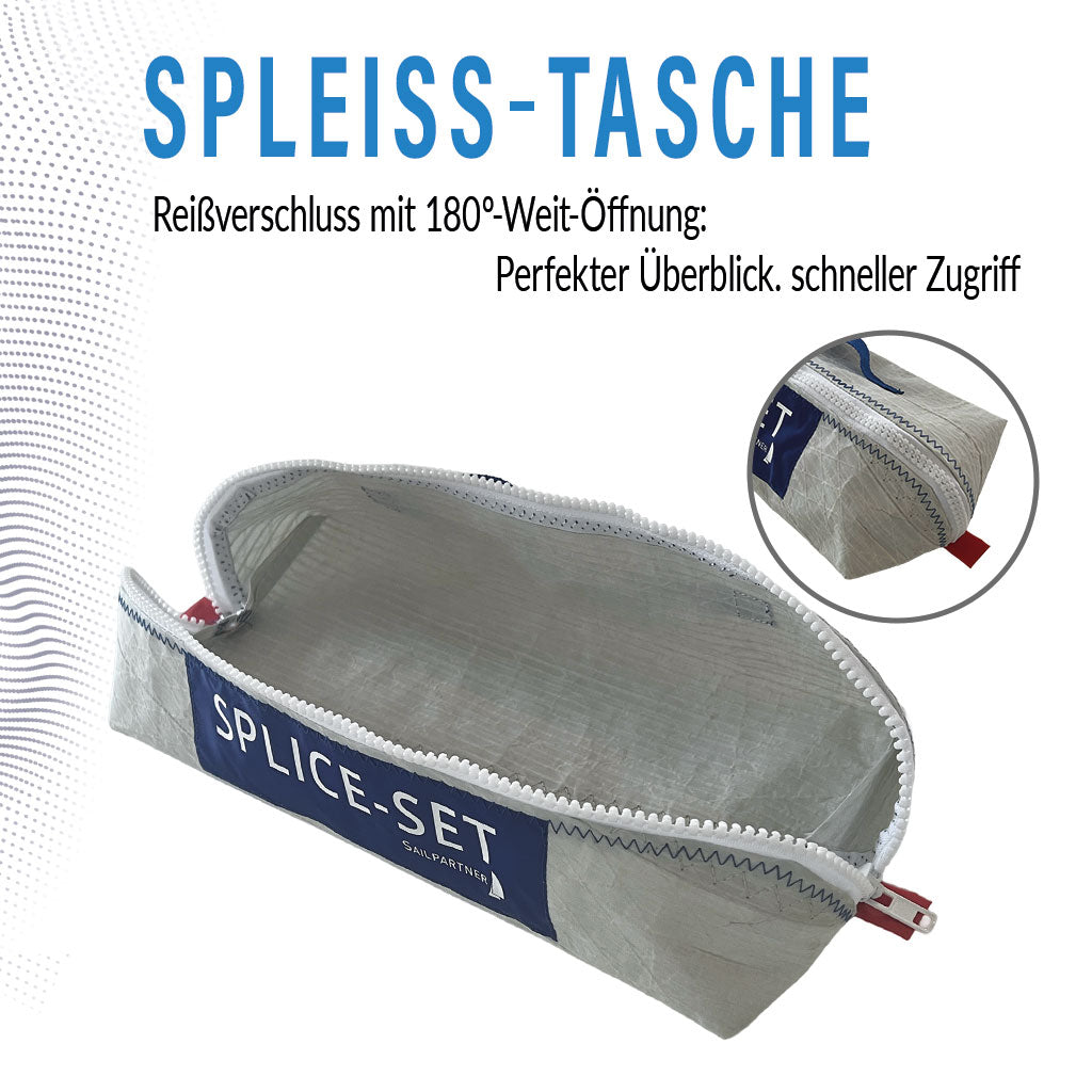 Offene Segeltuchtasche mit Detail am Reißverschluss, gefertigt aus recyceltem Segeltuch für Spleißwerkzeug.