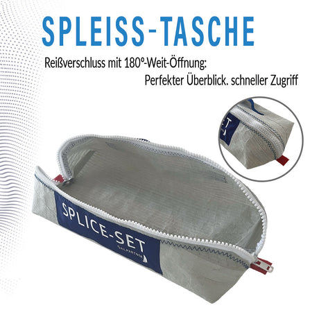 Offene Segeltuchtasche mit Detail am Reißverschluss, gefertigt aus recyceltem Segeltuch für Spleißwerkzeug.